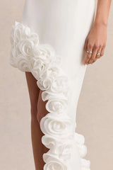 Indira | White Halter-Neck Maxi Dress With Asymmetric-Floral Hem