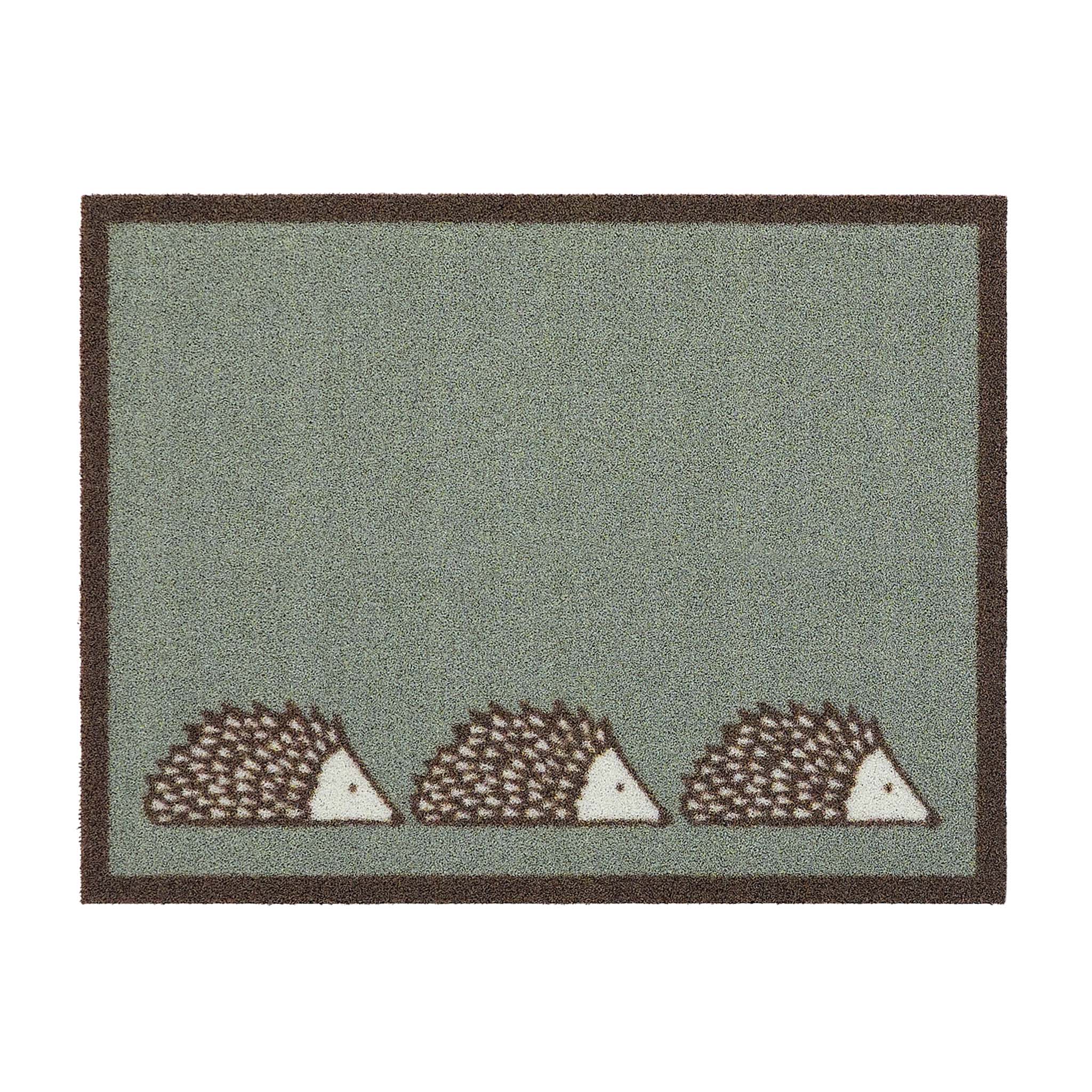 Spike Green Outdoor Doormat. Made from ECONYL regenerated yarn featuring three hedgehogs.