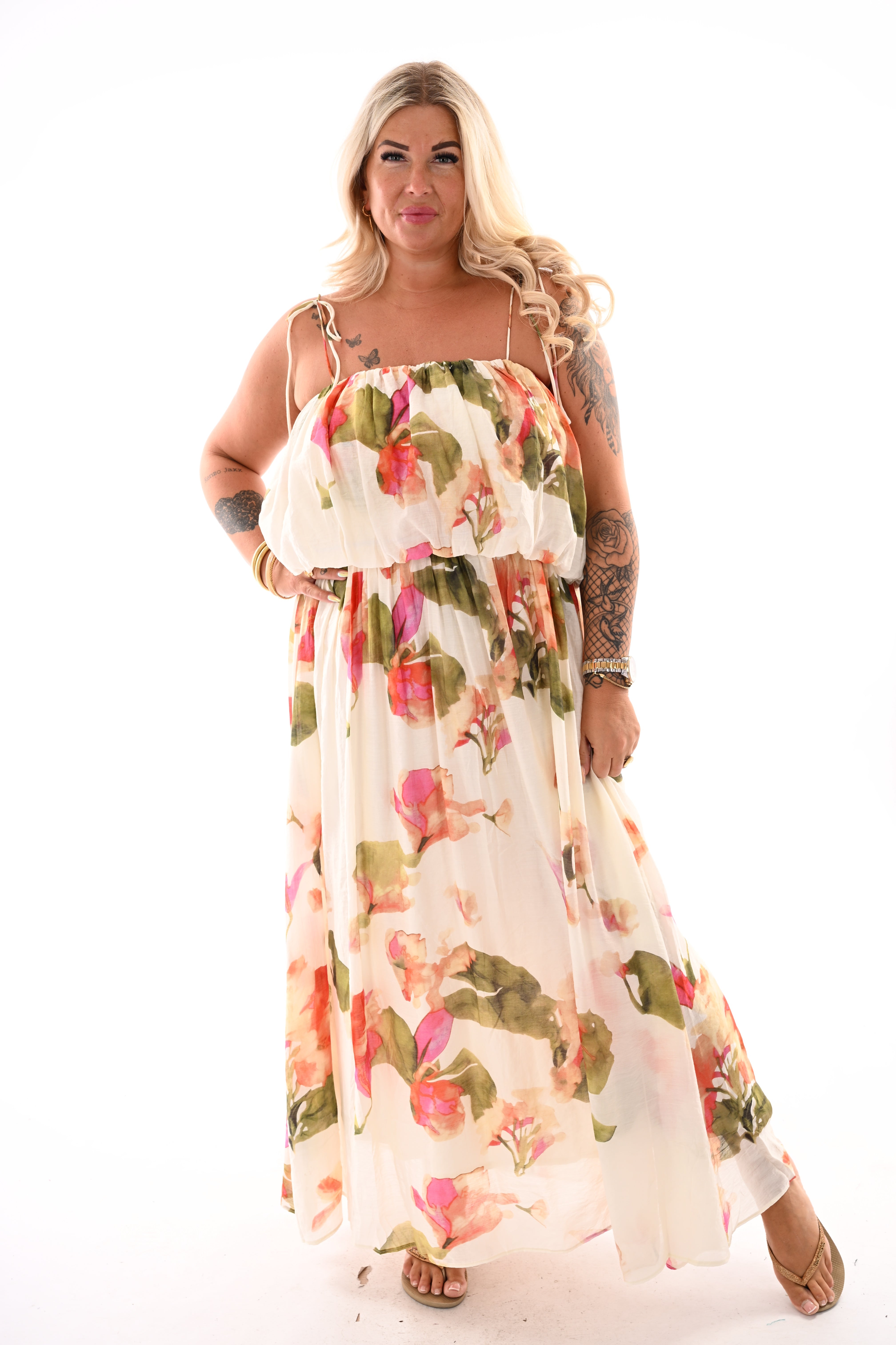 Jurk off-shoulder bloemen beige