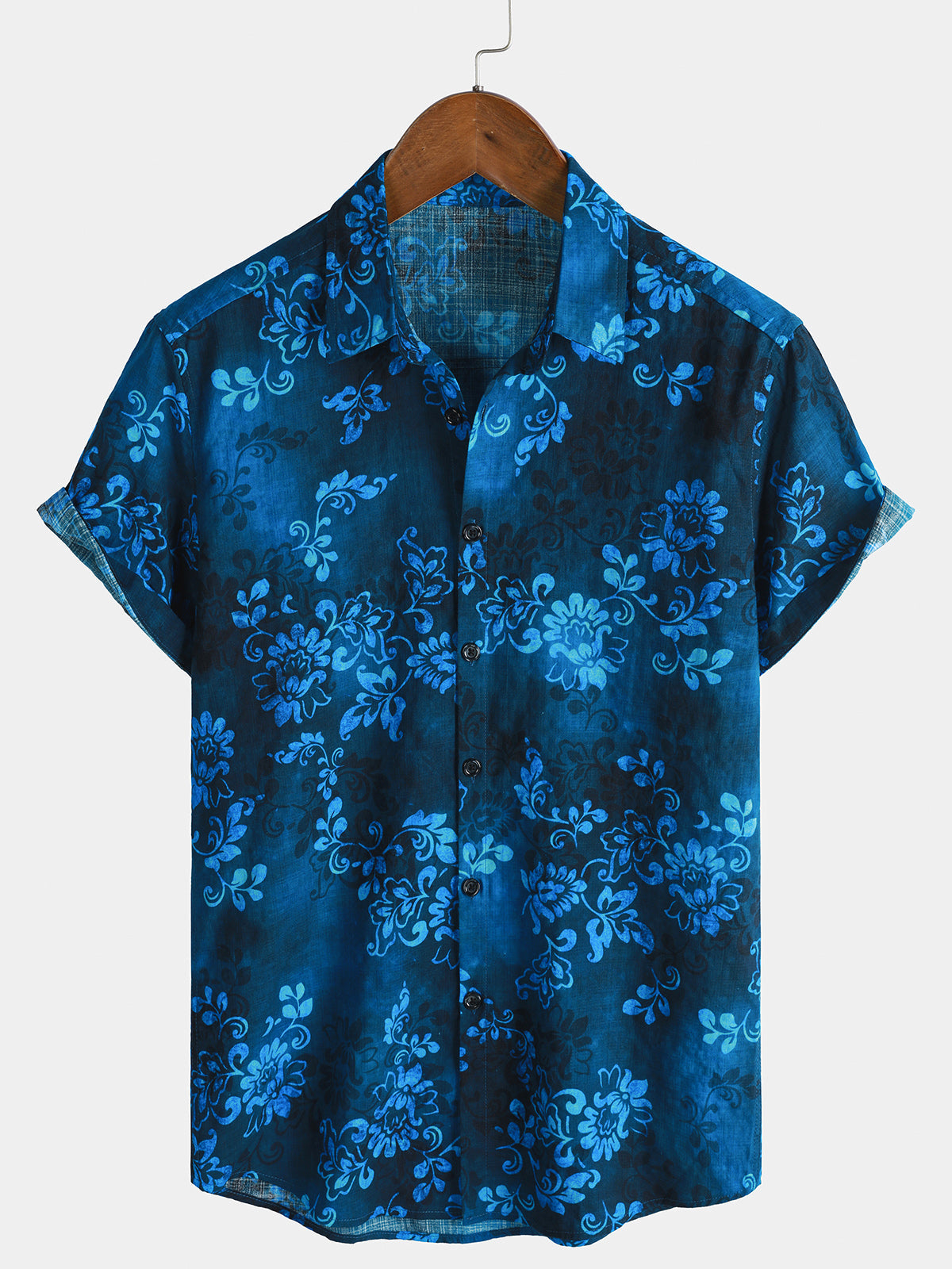 Herren Blauem Urlaubsstil Kurzen Ärmeln Blumenmuster Hawaiihemd