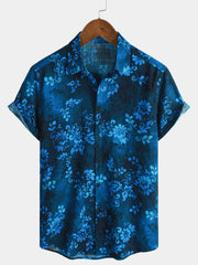 Herren Blauem Urlaubsstil Kurzen Ärmeln Blumenmuster Hawaiihemd