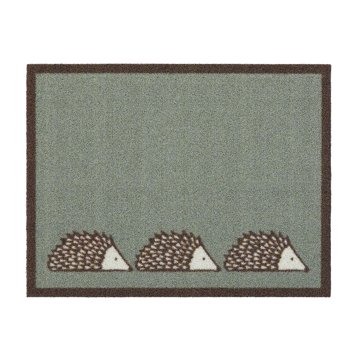 Spike Green Outdoor Doormat. Made from ECONYL regenerated yarn featuring three hedgehogs.