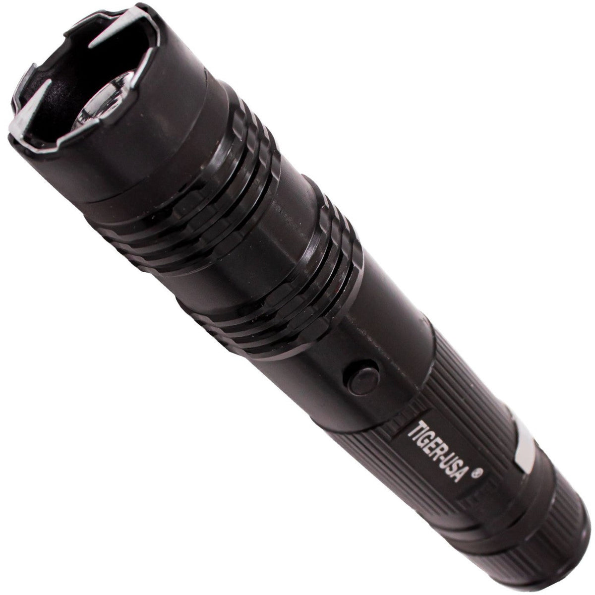 A black Tiger-USA Xtreme SHOCKDROP Stun Gun Flashlight 100M. The flashlight is compact and cylindrical with a ribbed grip and a small LED light at the end.